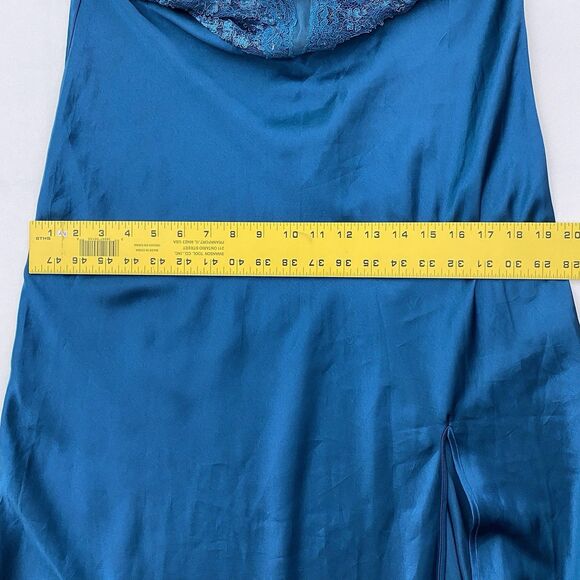 VTG Victorias Secret Long Satin Slip Dress Side Slit Lace Womens L Green Blue - Picture 8 of 9